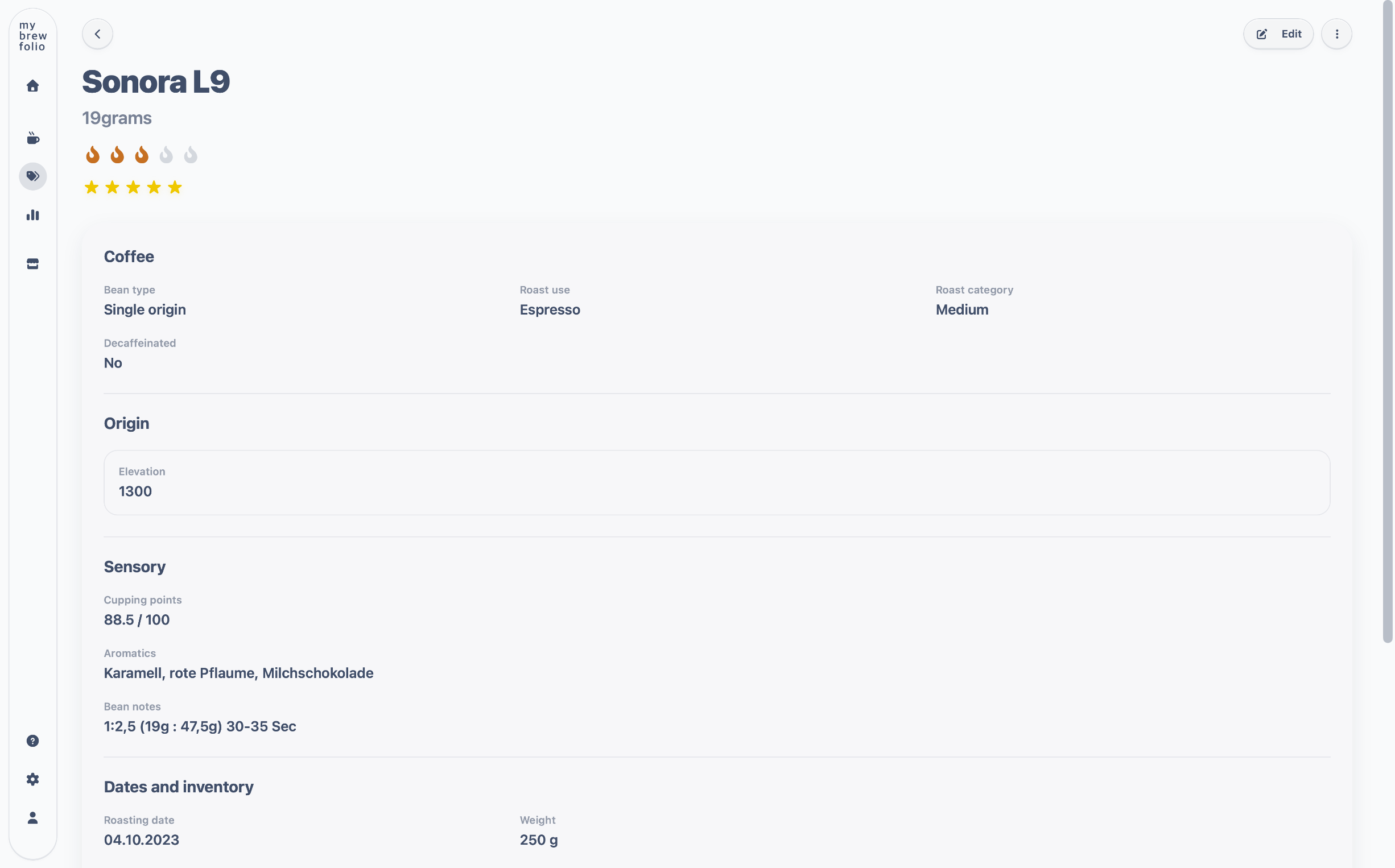 Detailed coffee bean entry in MyBrewFolio with origin, sensory and inventory information