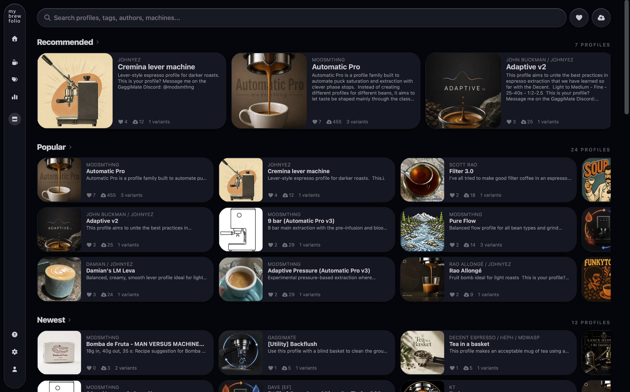 MyBrewFolio Profile Store with community espresso profiles for GaggiMate