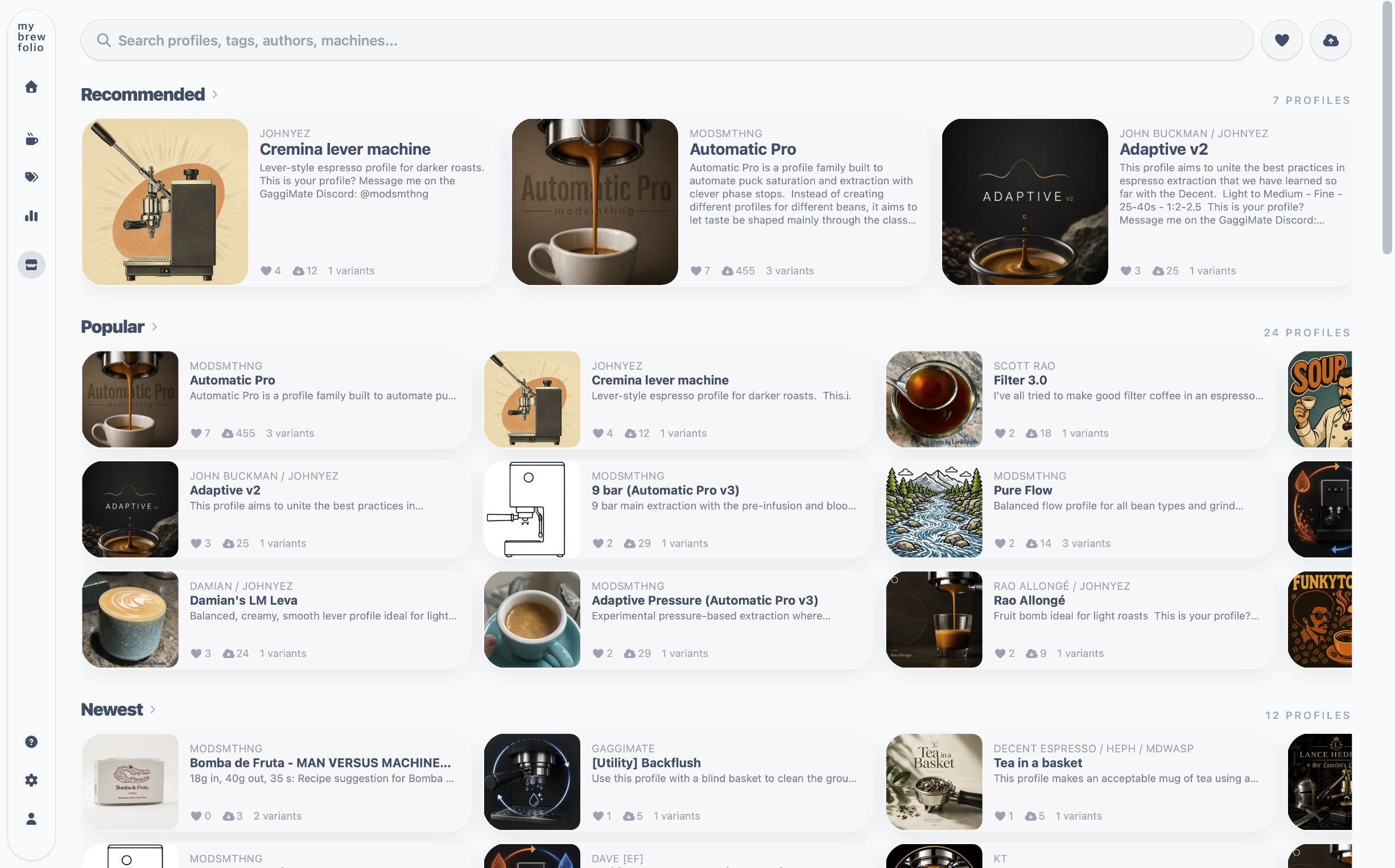 MyBrewFolio Profile Store with community espresso profiles for GaggiMate
