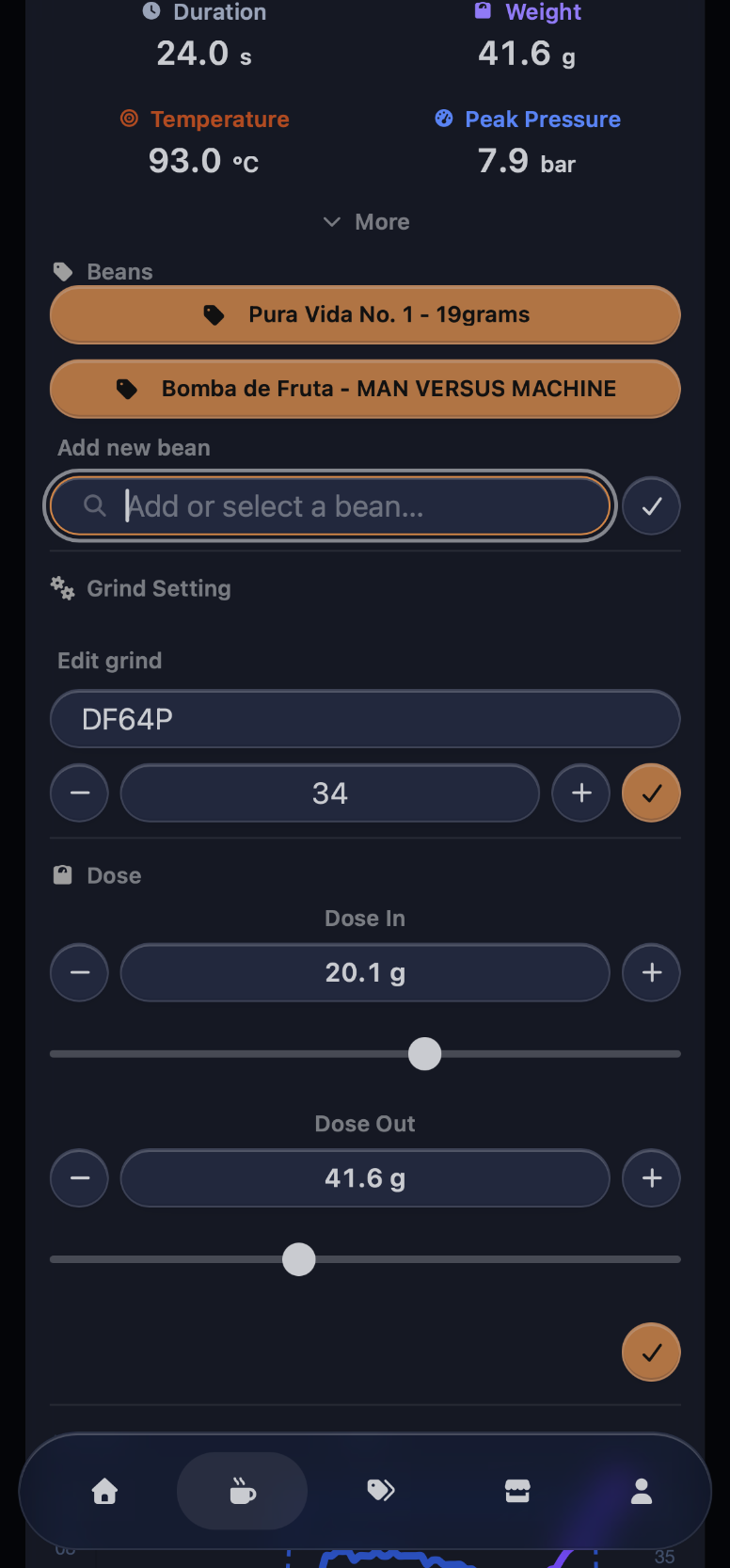 MyBrewFolio Smart Quick Notes for beans, grinder settings and espresso dose