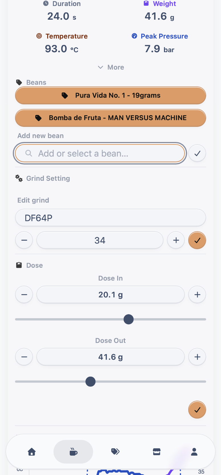 MyBrewFolio Smart Quick Notes for beans, grinder settings and espresso dose